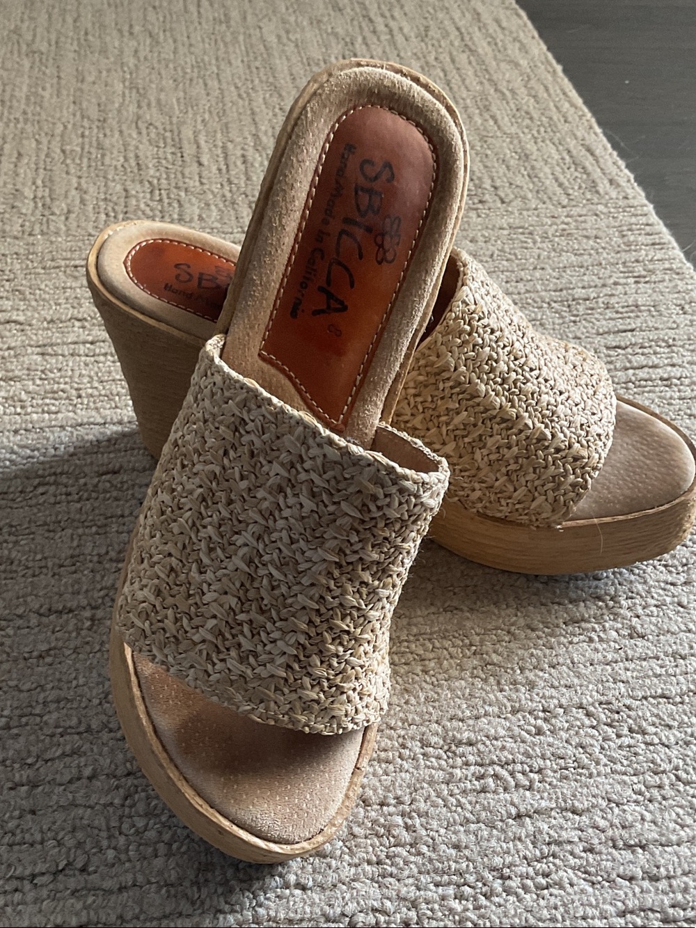 Sbicca Woven Raffia Platform Wedge Slides in Natural Beige
